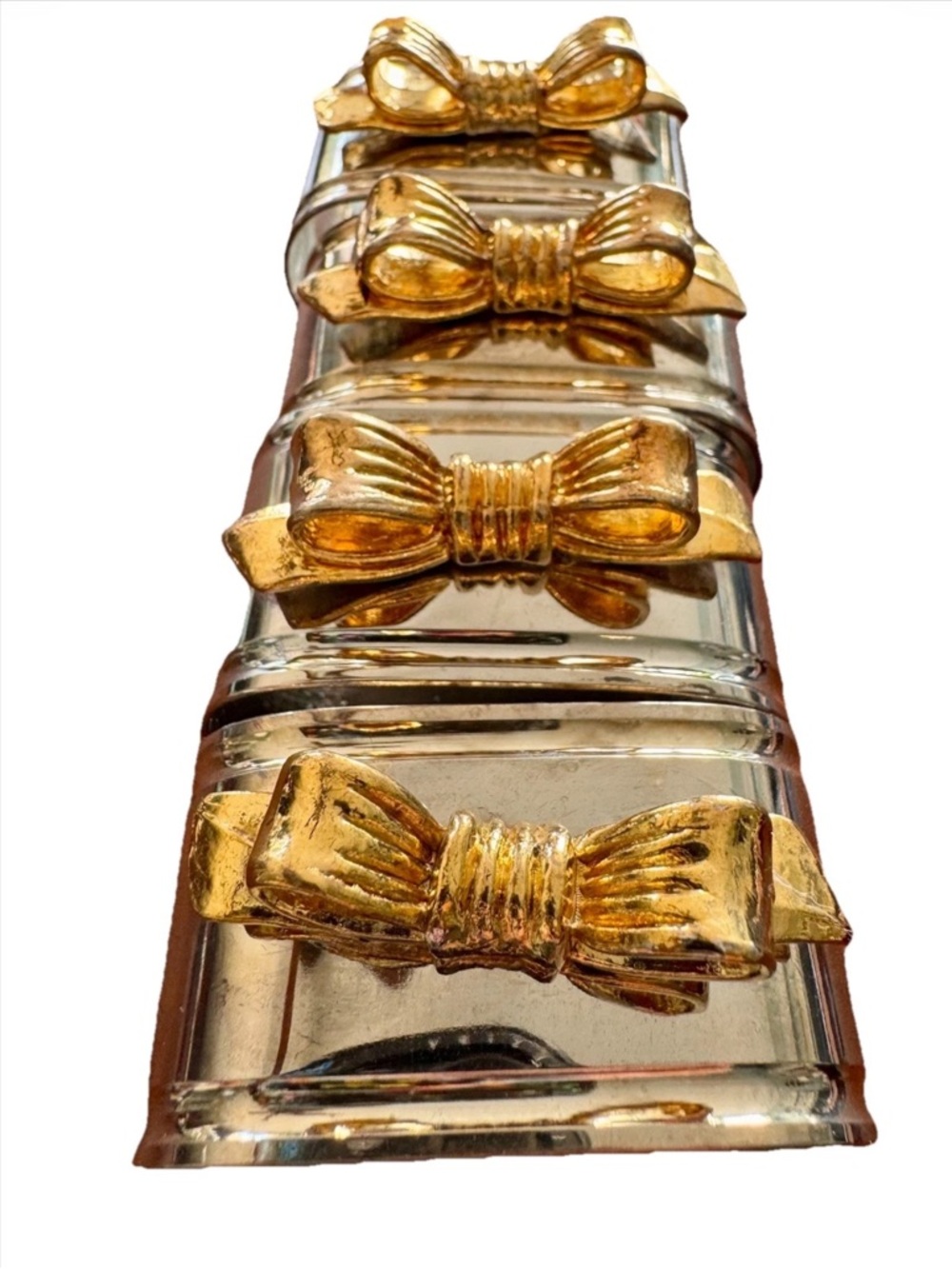 Set Of 4 Napkin Rings Silverplate W/Gold Bow All Occasion / Holiday Oval